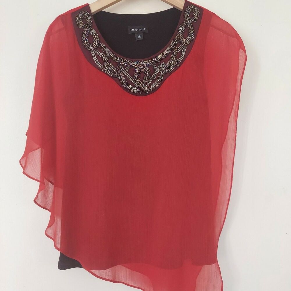 I.N. Studio Red Sheer Blouse Small Beaded Date Night Evening Asymmetric
